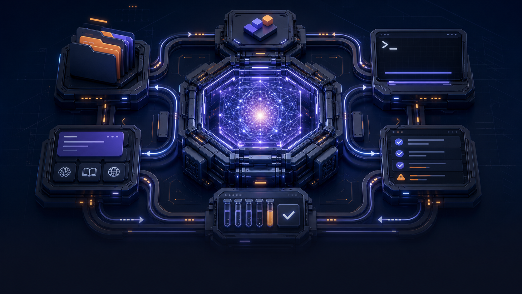 Agentic coding harness connecting an AI model to files, terminal tools, context and automated tests