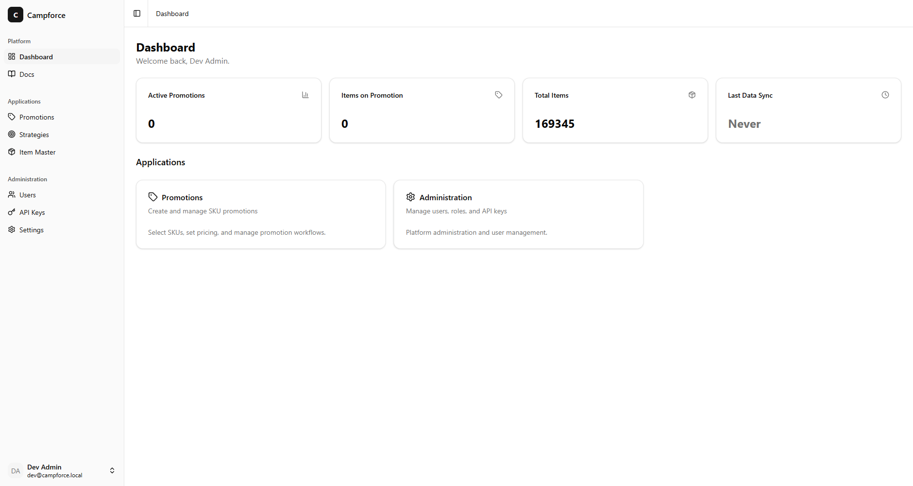 Campforce platform dashboard with promotion stats and the 169,345-item master count