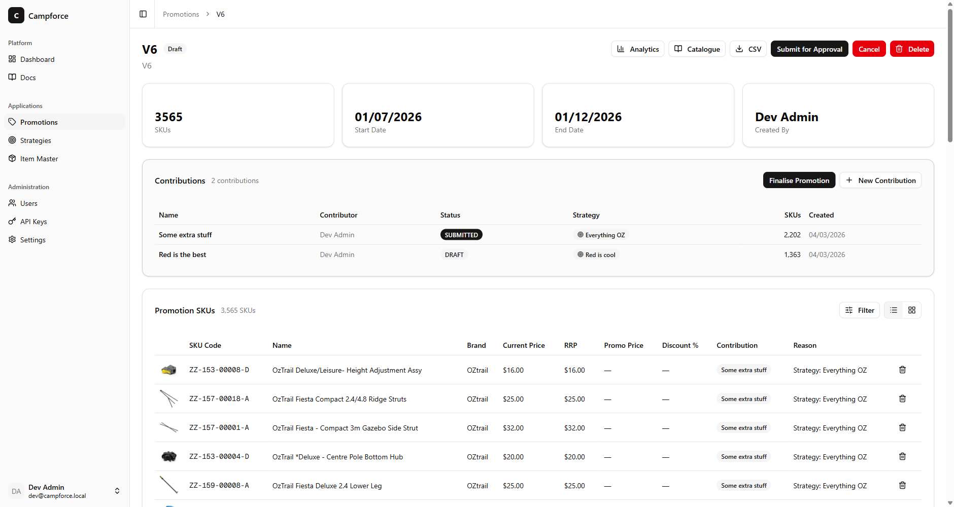 Promotion detail with contributions and their workflow status plus the full SKU grid with pricing