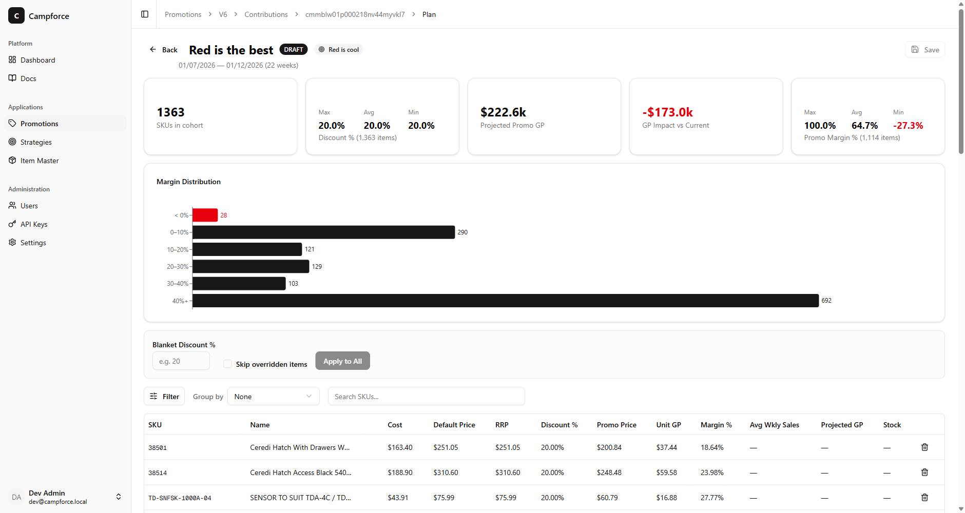 Discount planner with blanket discount, margin distribution, and per-SKU repricing with live GP projections