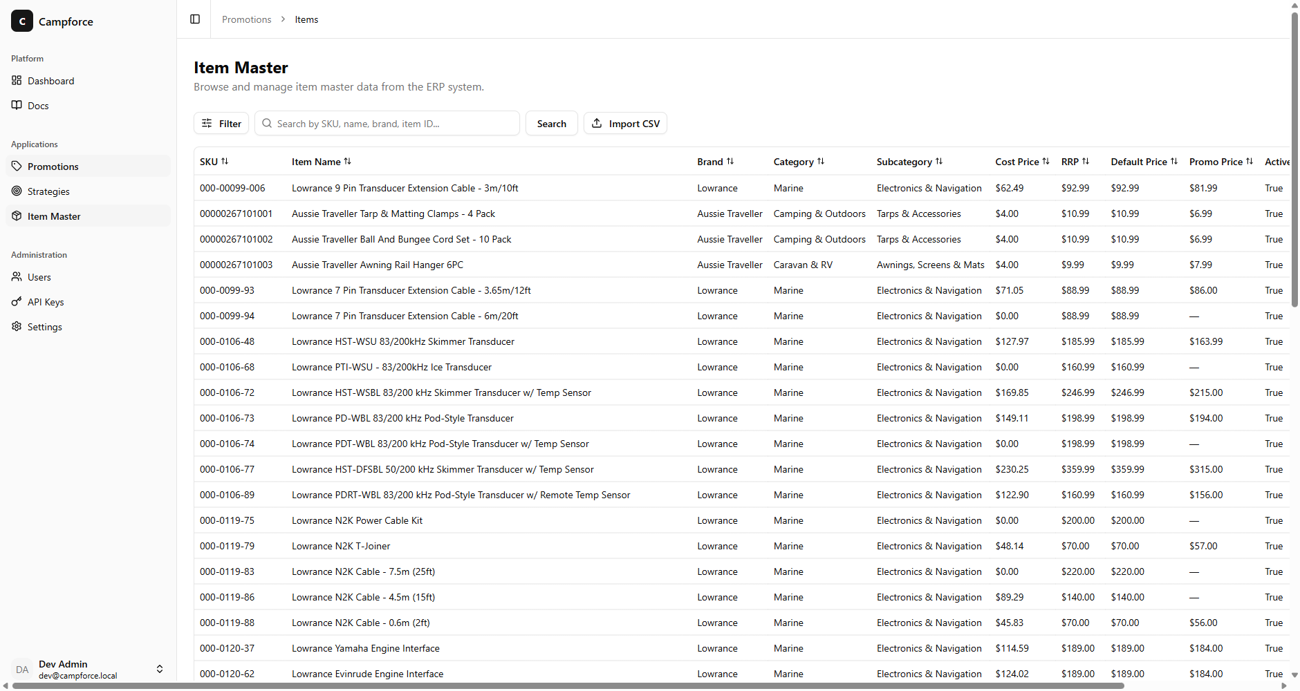 Item master browser showing the 170k-row ERP item list with CSV import