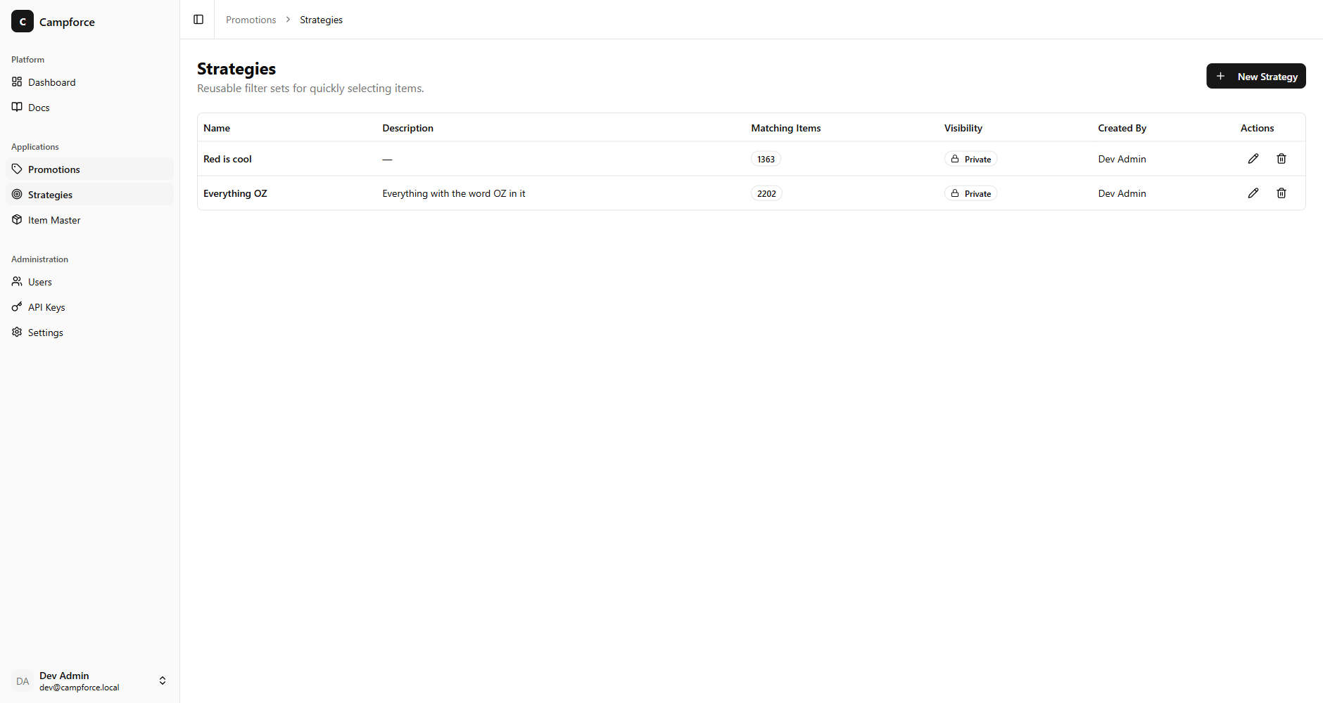 Strategy list showing reusable filter sets with matching-item counts and team sharing