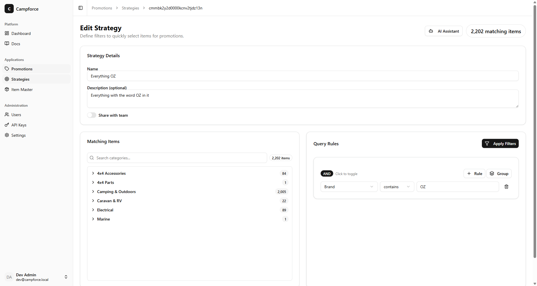 Strategy editor with visual query builder, AI assistant, and live category breakdown of matching items