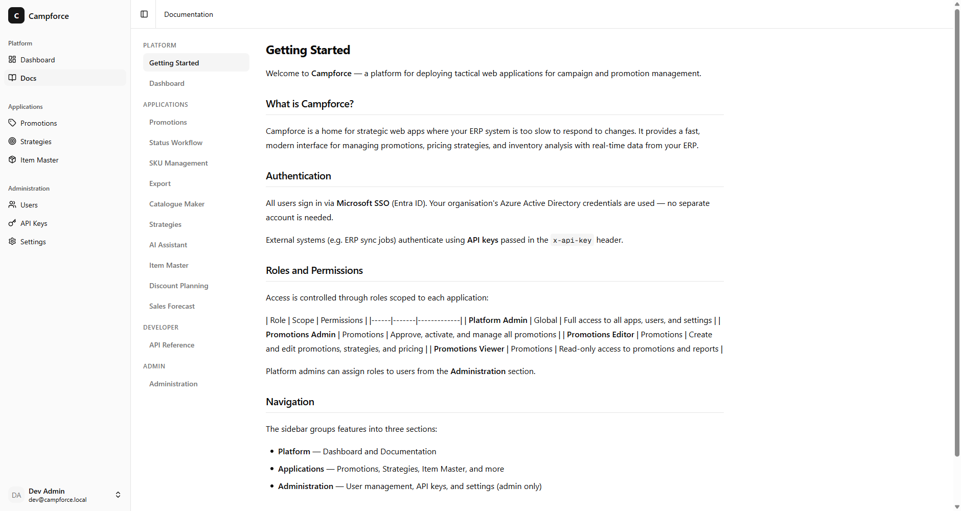 In-app MDX documentation covering the platform, workflows, and API reference