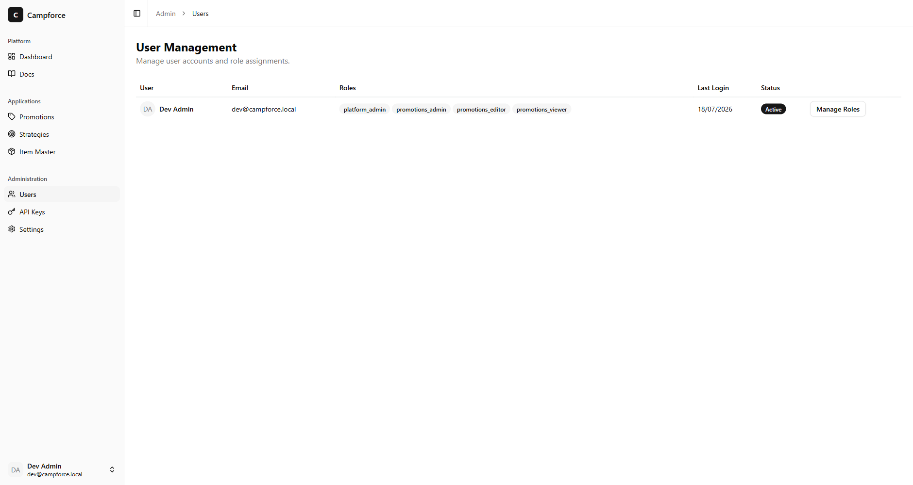 Administration screen with user and role management scoped per app