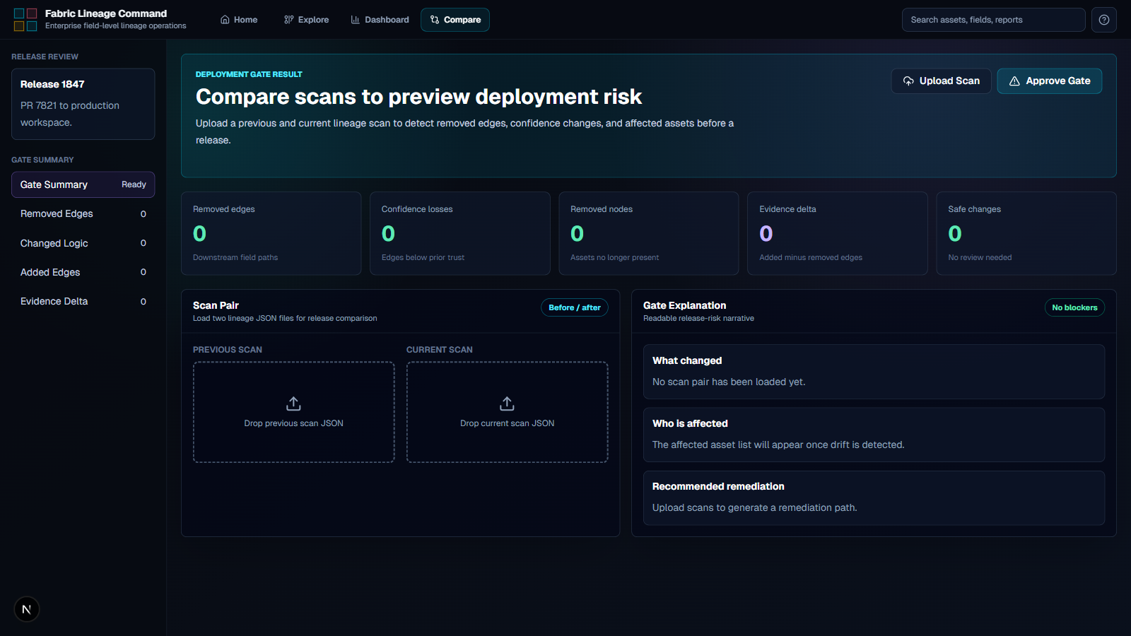 Compare view showing scan-pair drift detection and deployment gate review