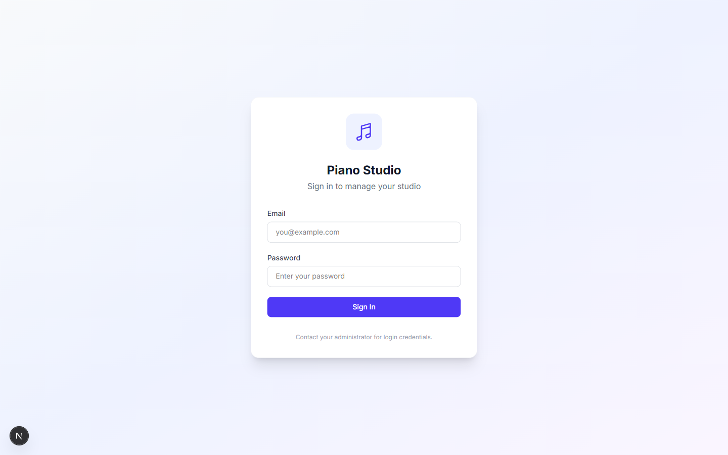 Piano Studio Manager sign-in screen
