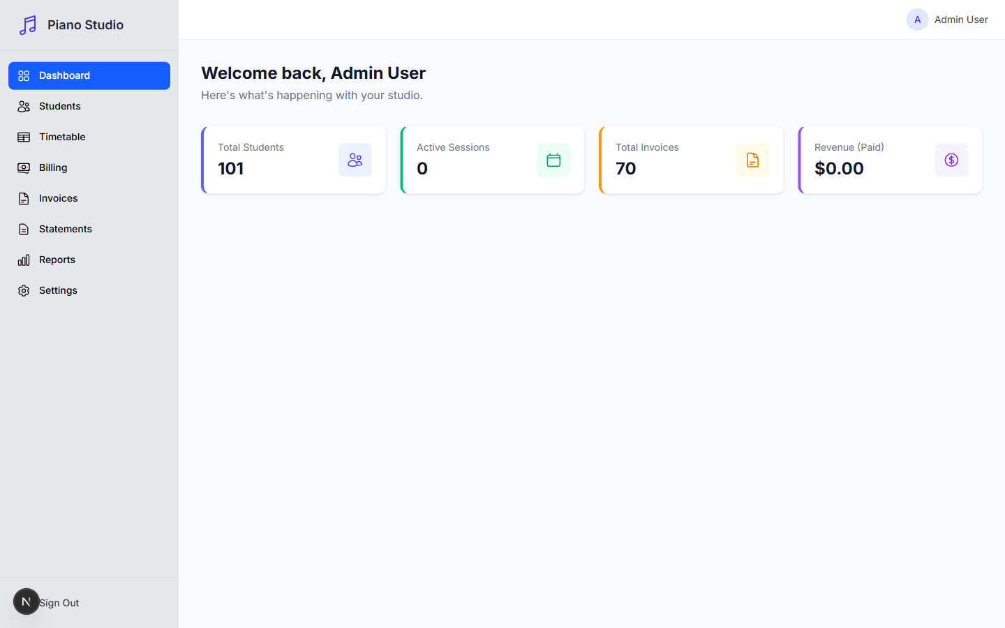 Dashboard showing studio-wide stats: total students, active sessions, invoices, and revenue