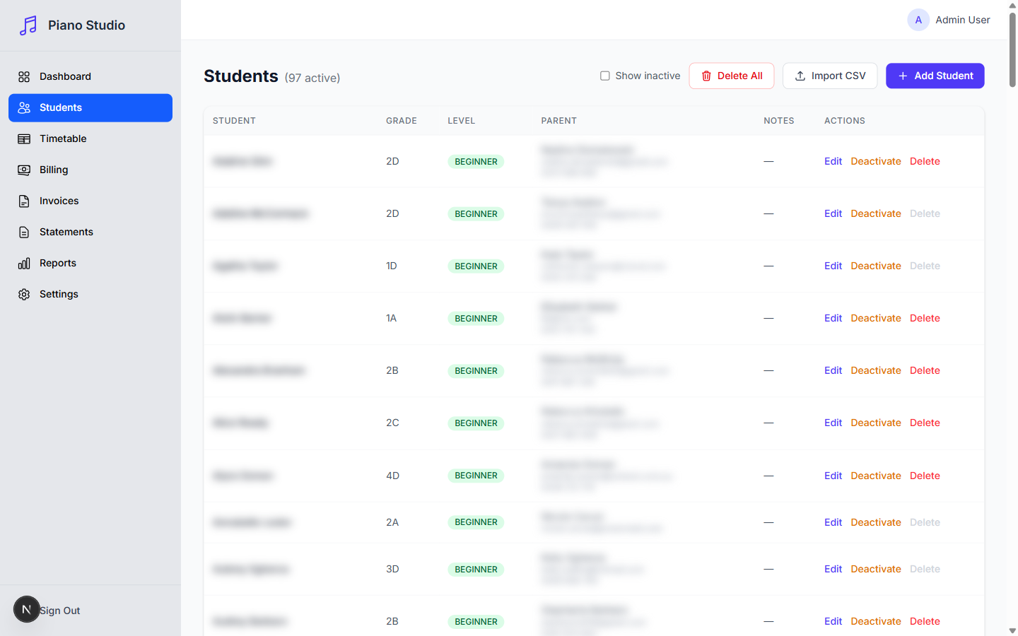 Student roster with CSV import and quick actions