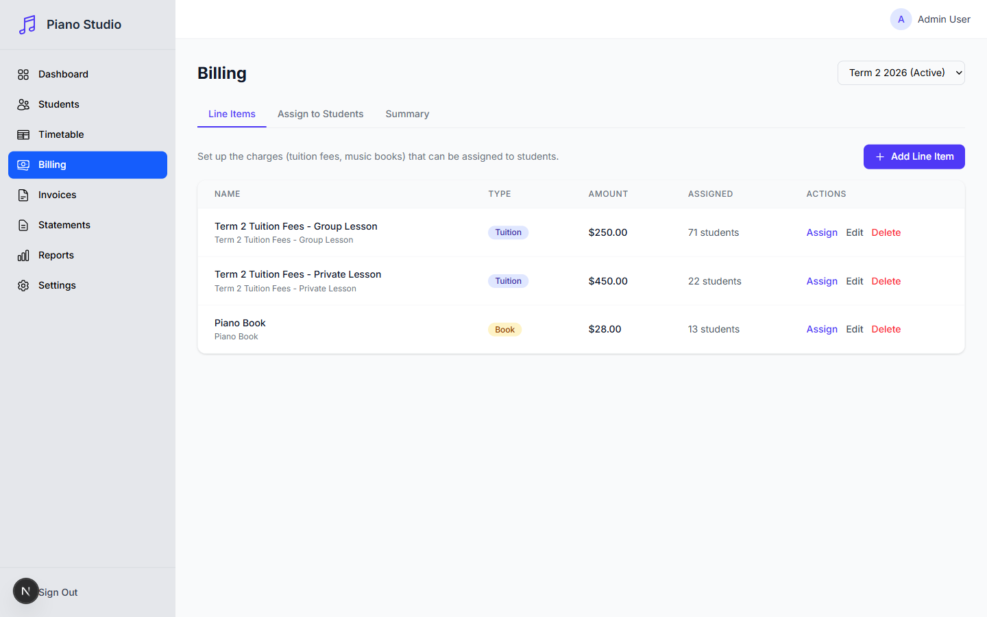 Billing line items and per-term assignment to students