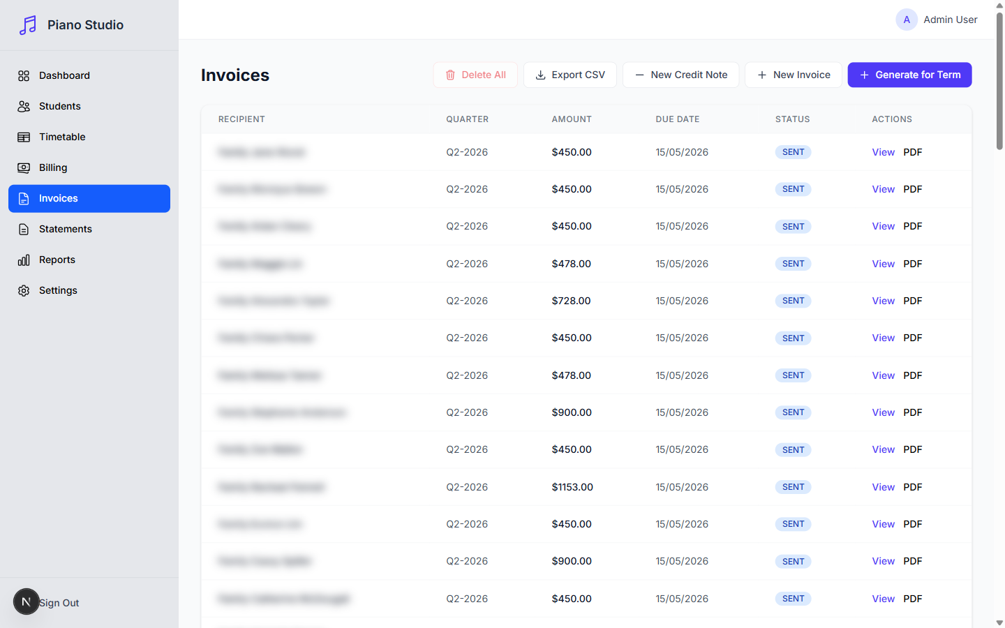 Generated invoices for the term with status tracking