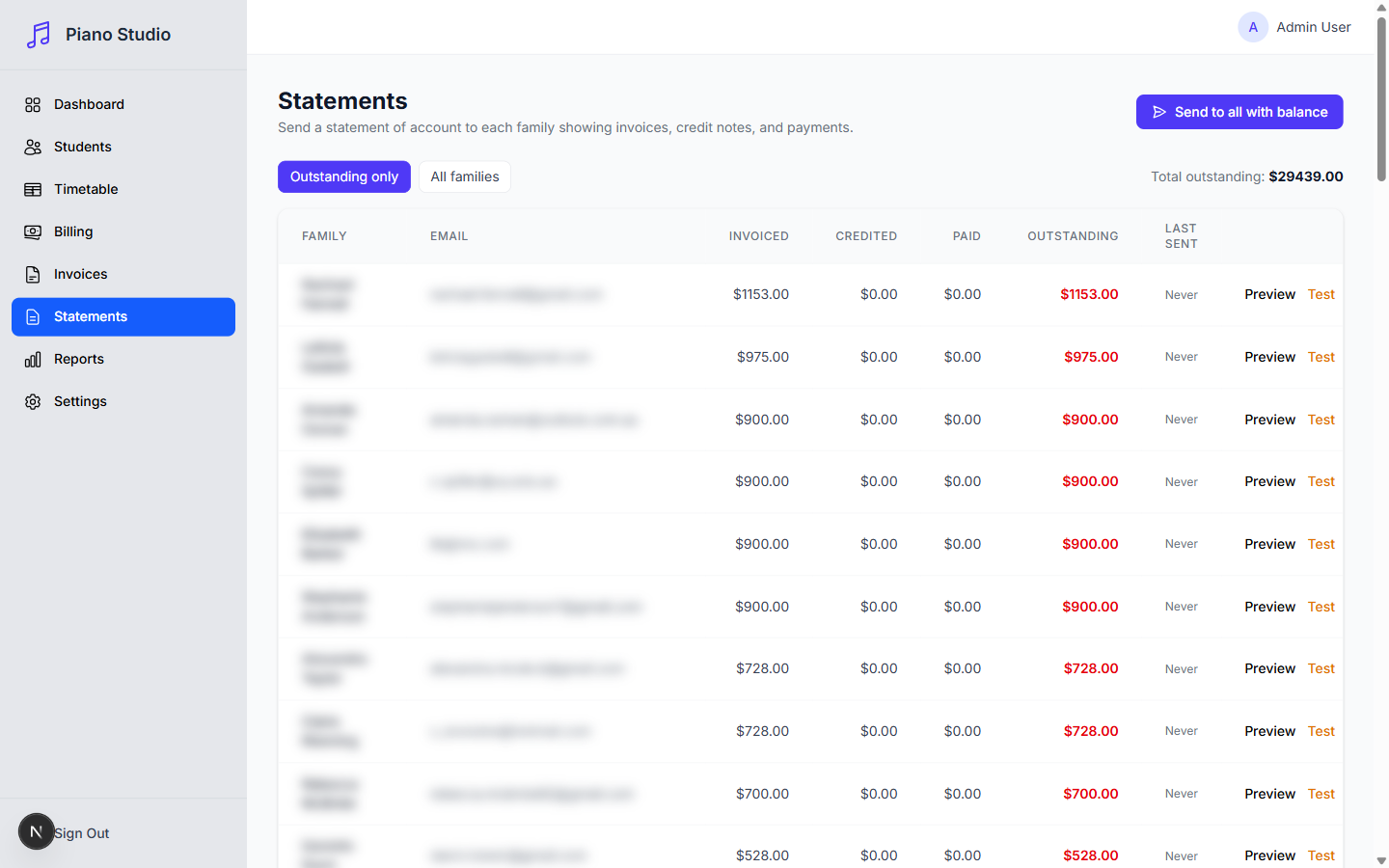 Family statements with outstanding balances and bulk email dispatch