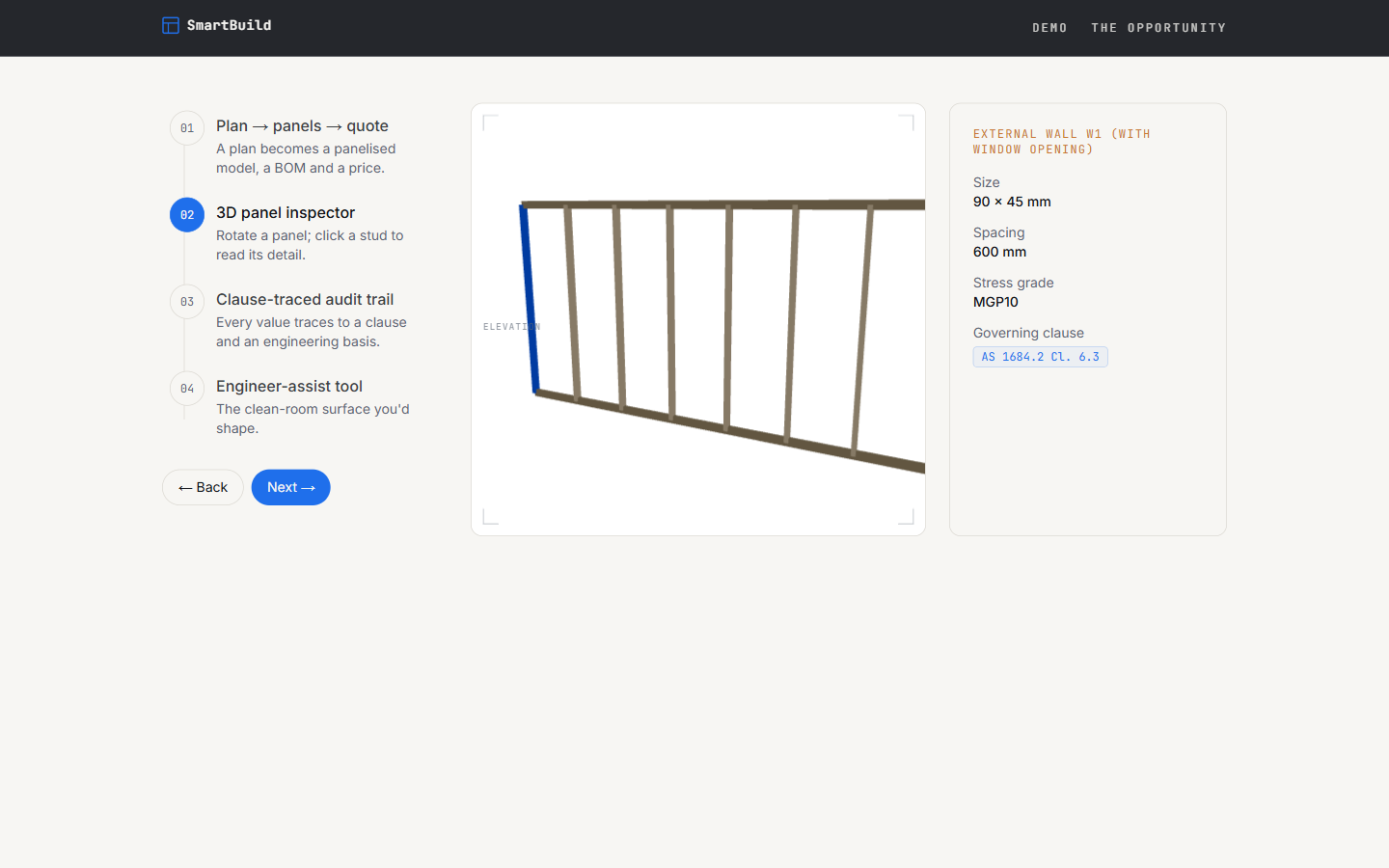 Interactive Three.js panel viewer with a selected stud showing size, spacing, grade and governing clause