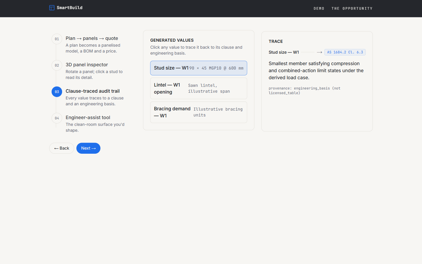 Audit trail view where every generated value traces to a clause citation and an engineering basis