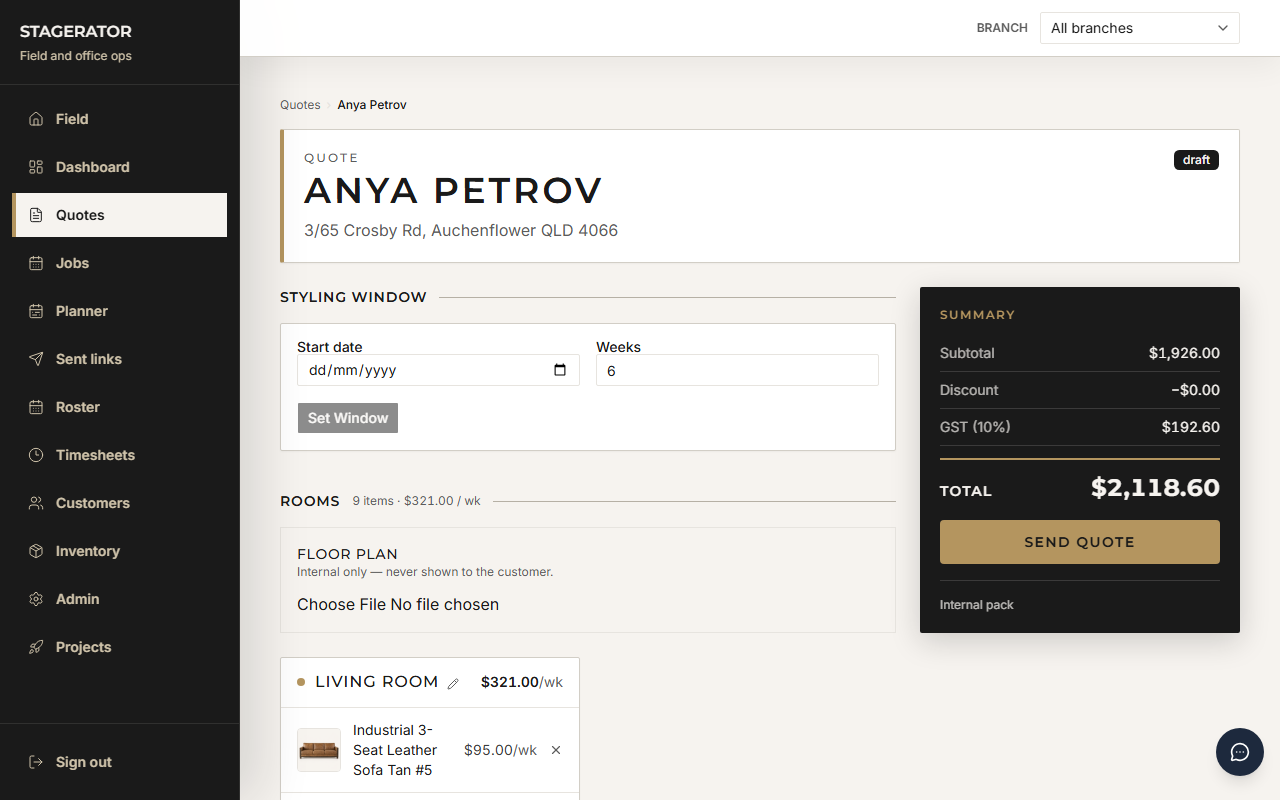 Quote builder showing rooms, styling window, and running totals with GST