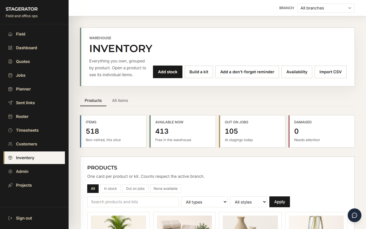 Warehouse inventory overview with availability, out-on-jobs, and damage counts