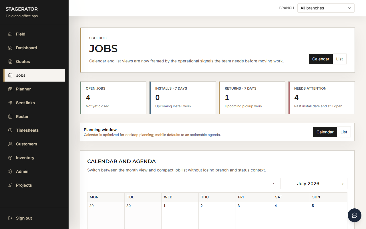 Jobs calendar showing open jobs, upcoming installs, and returns