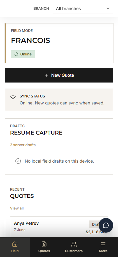 Field mode on a mobile phone showing sync status, resumable drafts, and a new quote button
