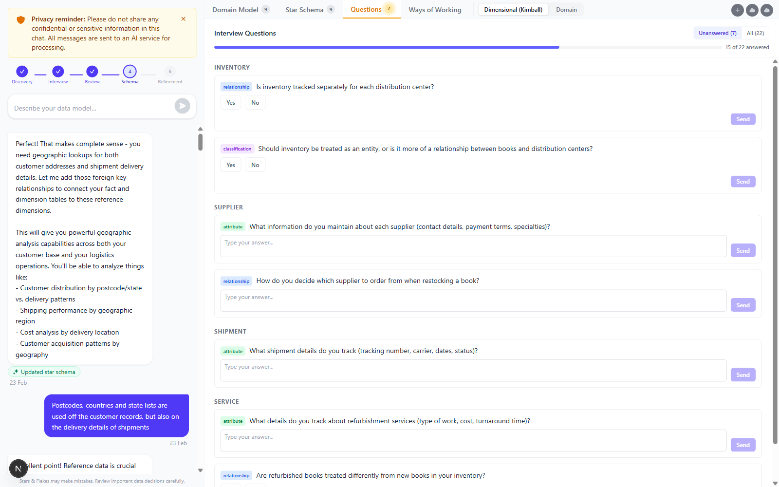 Interview questions panel with targeted attribute, relationship, and classification questions per entity and progress tracking