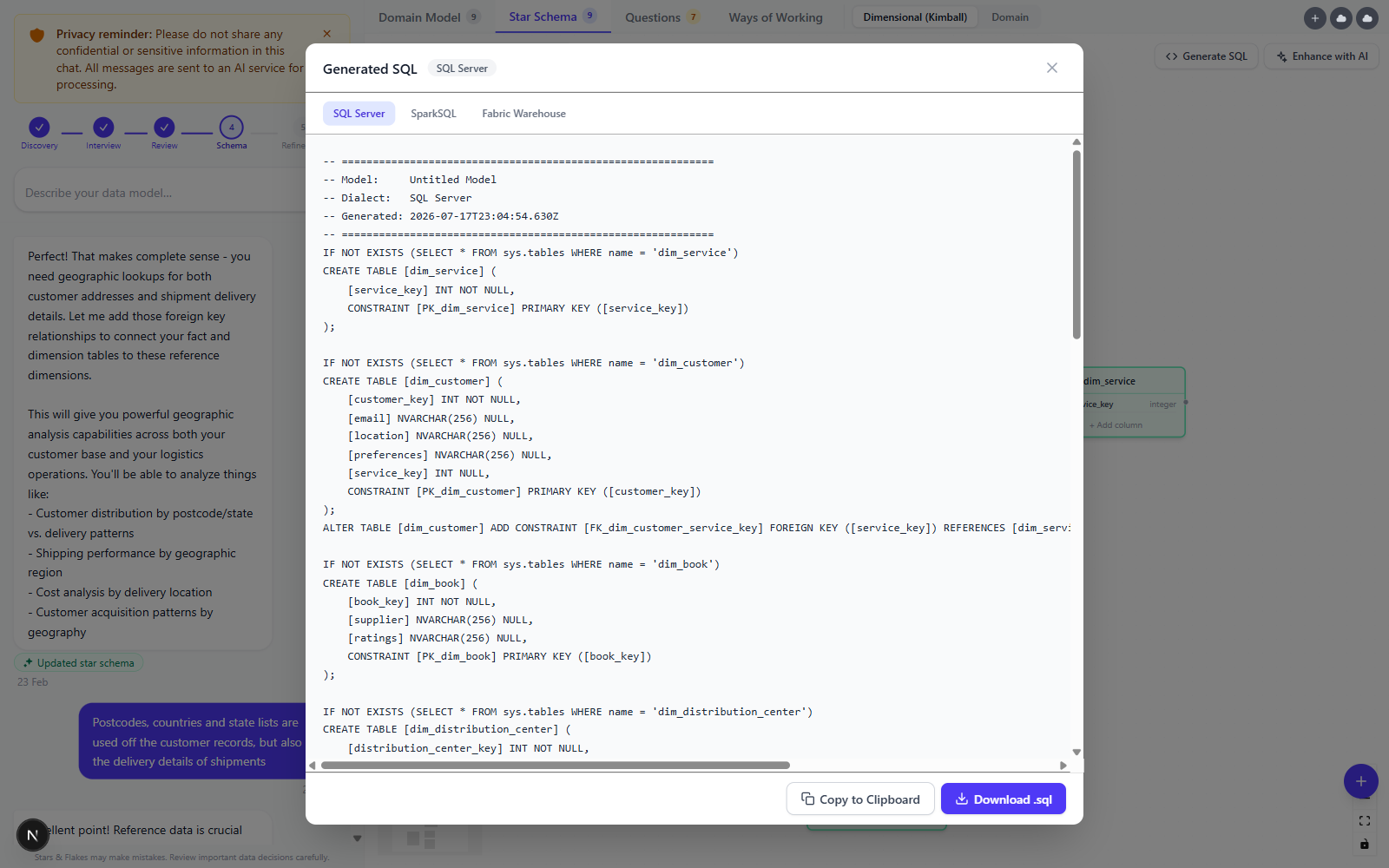Generated SQL dialog showing DDL with dialect tabs for SQL Server, SparkSQL, and Fabric Warehouse, with copy and download actions
