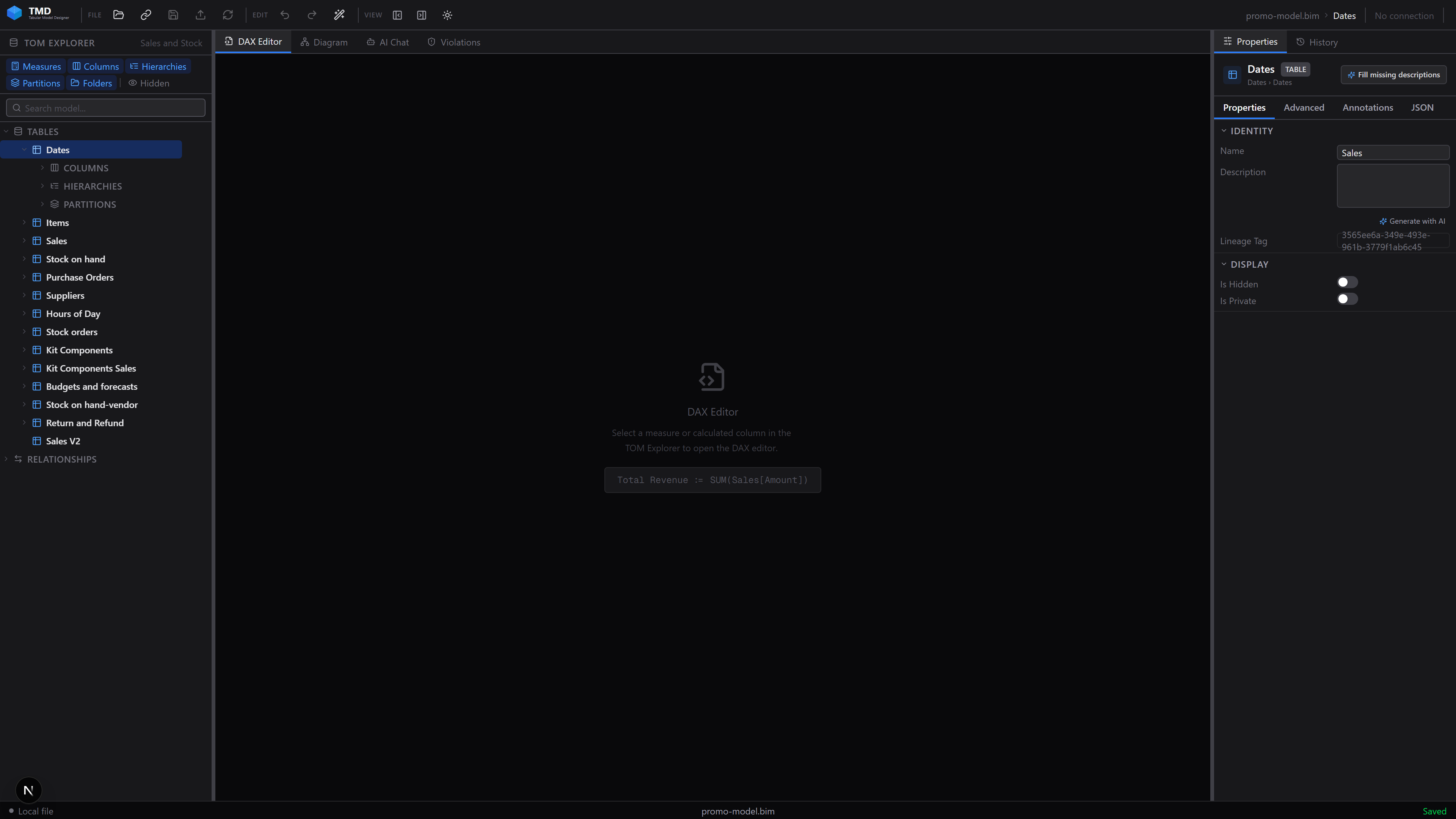 Three-panel editor with the Tabular Object Model explorer tree expanded