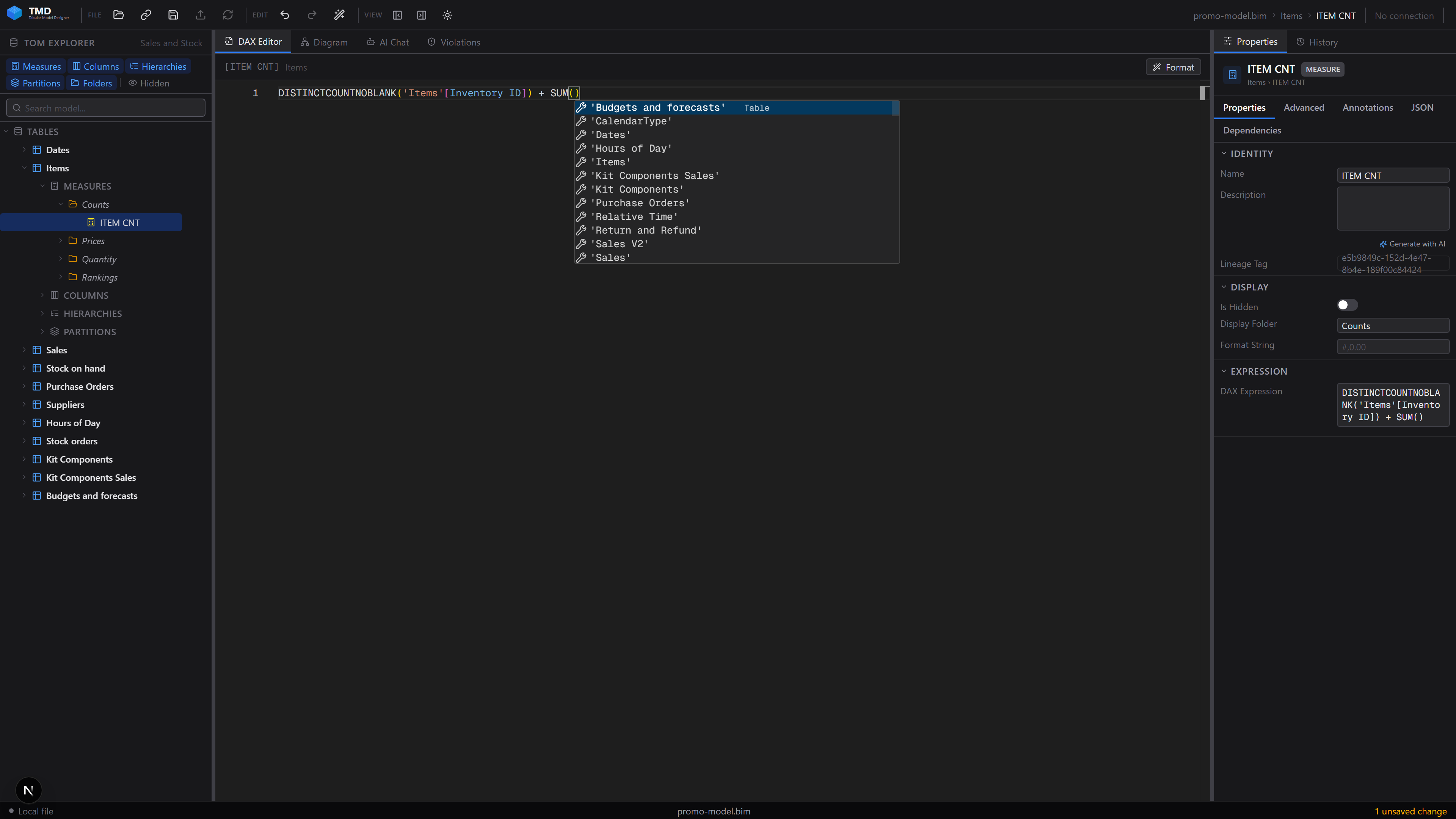 DAX editor in Monaco with completions sourced live from the model