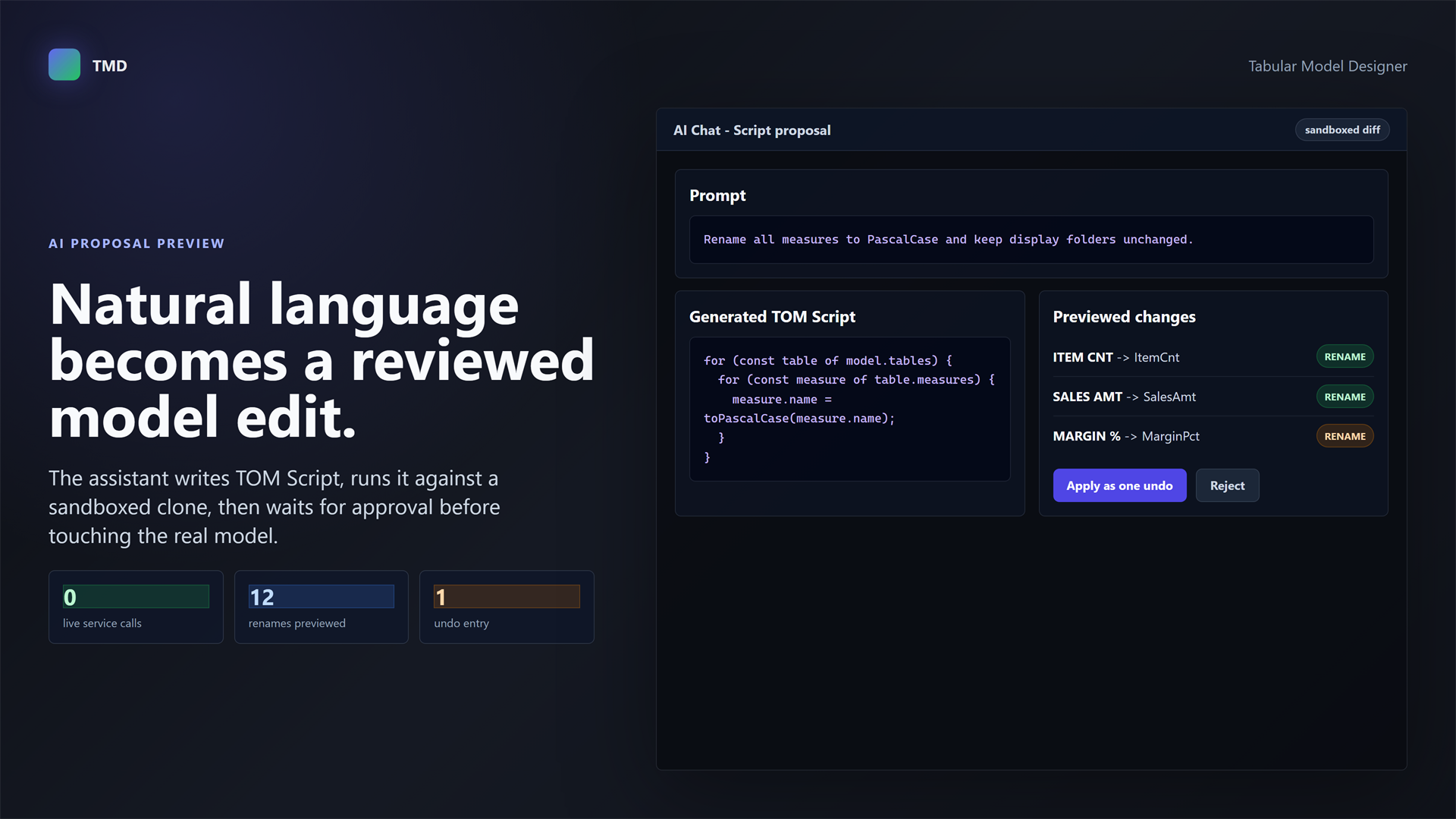 AI script proposal showing a prompt, generated TOM Script, and previewed renames awaiting apply or reject
