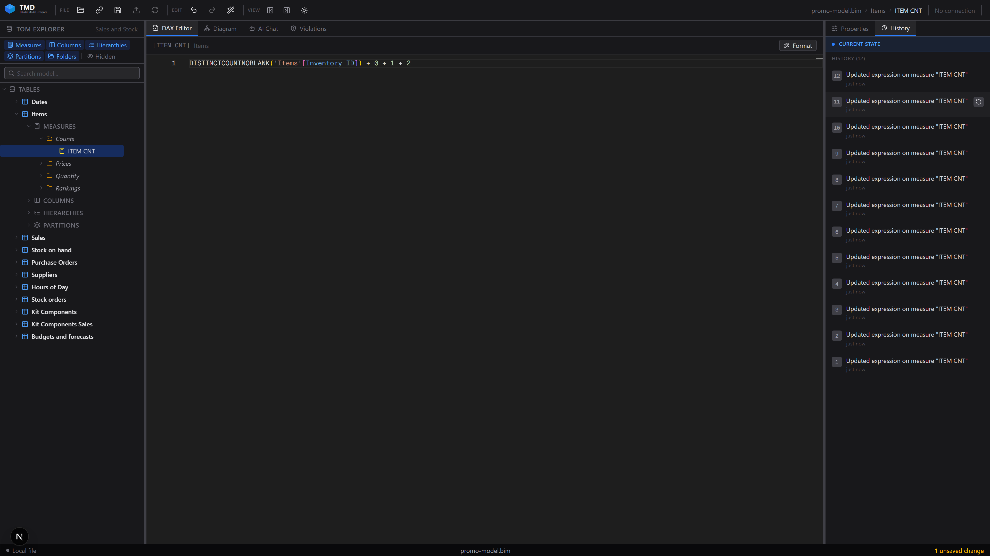 History panel with described, timestamped states and one-click revert