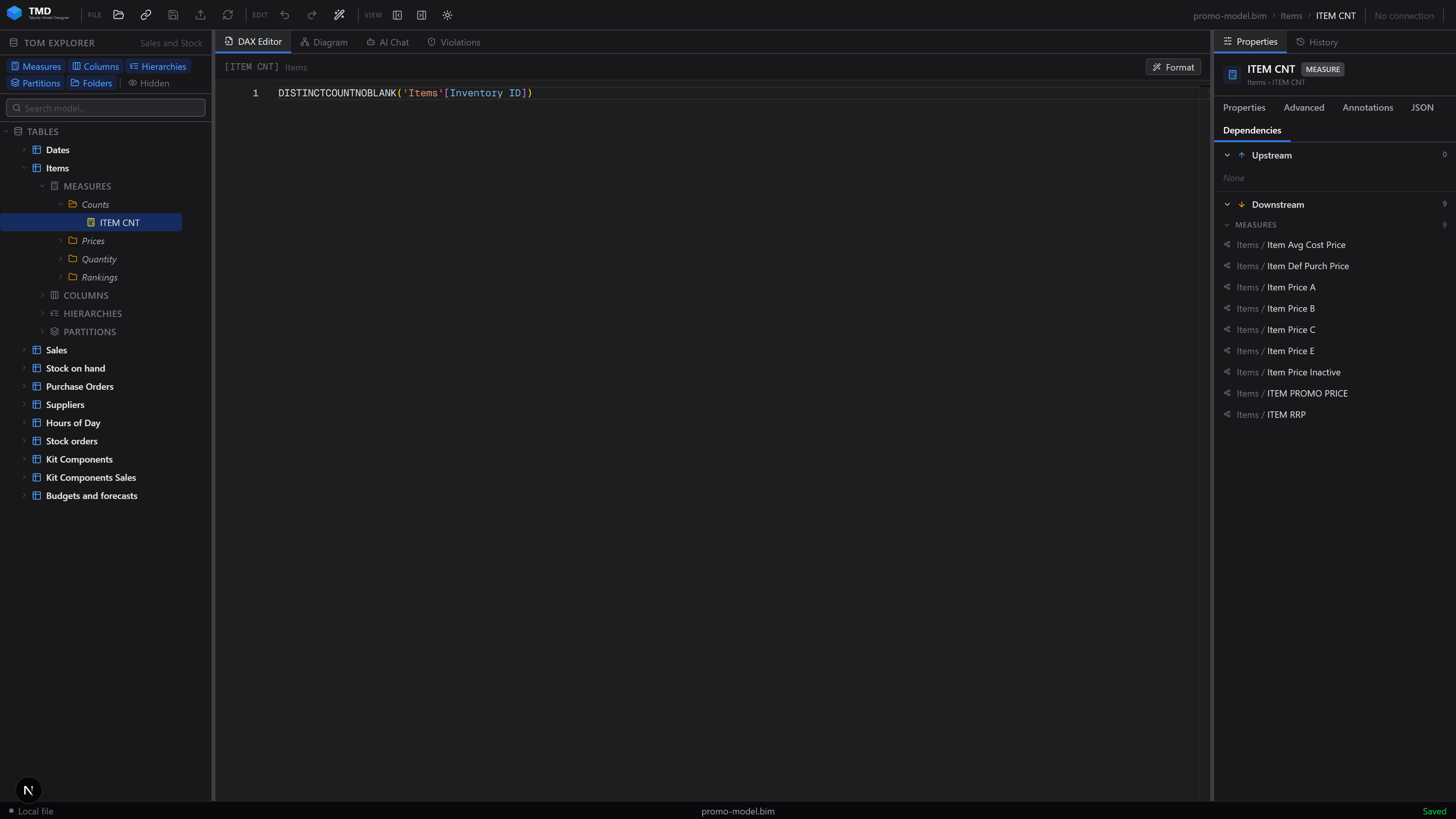 Dependency viewer showing what a measure depends on and what depends on it