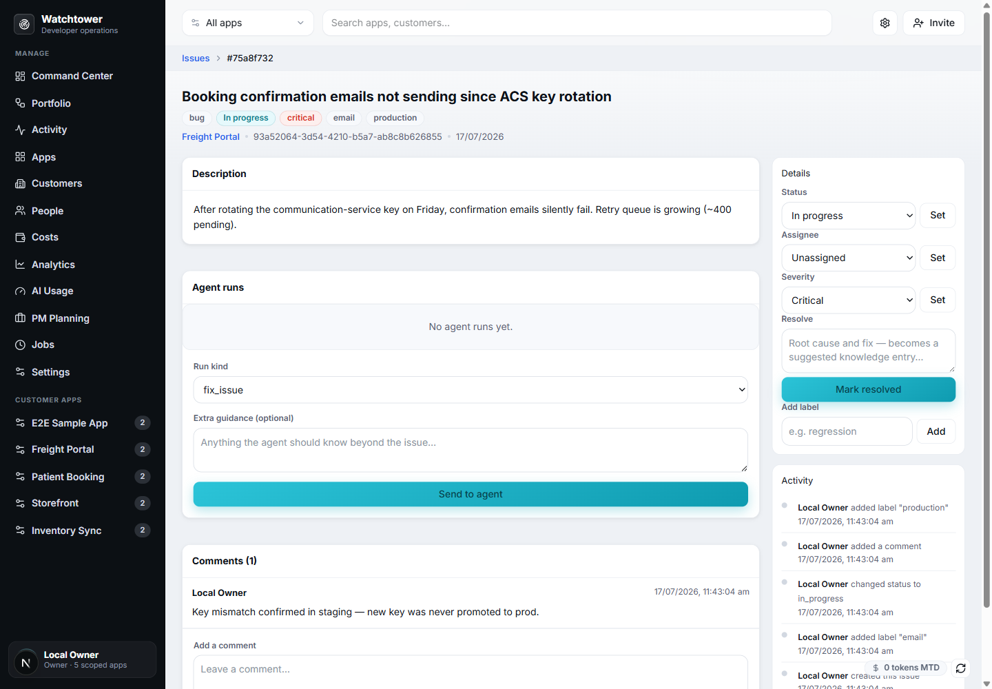 Issue detail page with status controls, activity trail, and a Send to agent dispatch panel