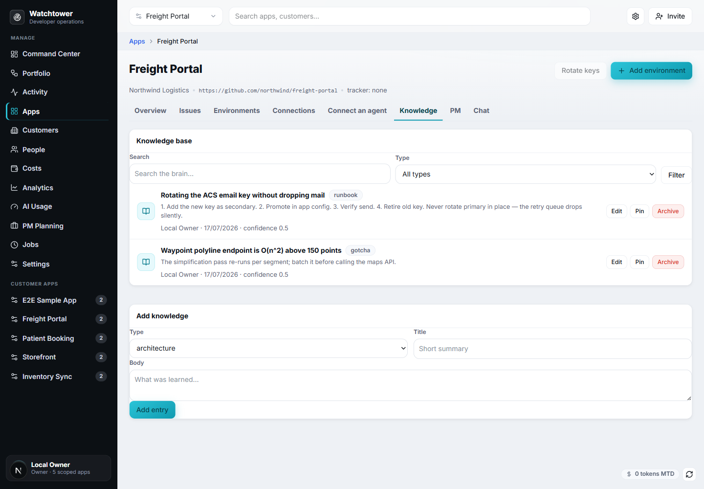 Per-app knowledge base with searchable runbook and gotcha entries