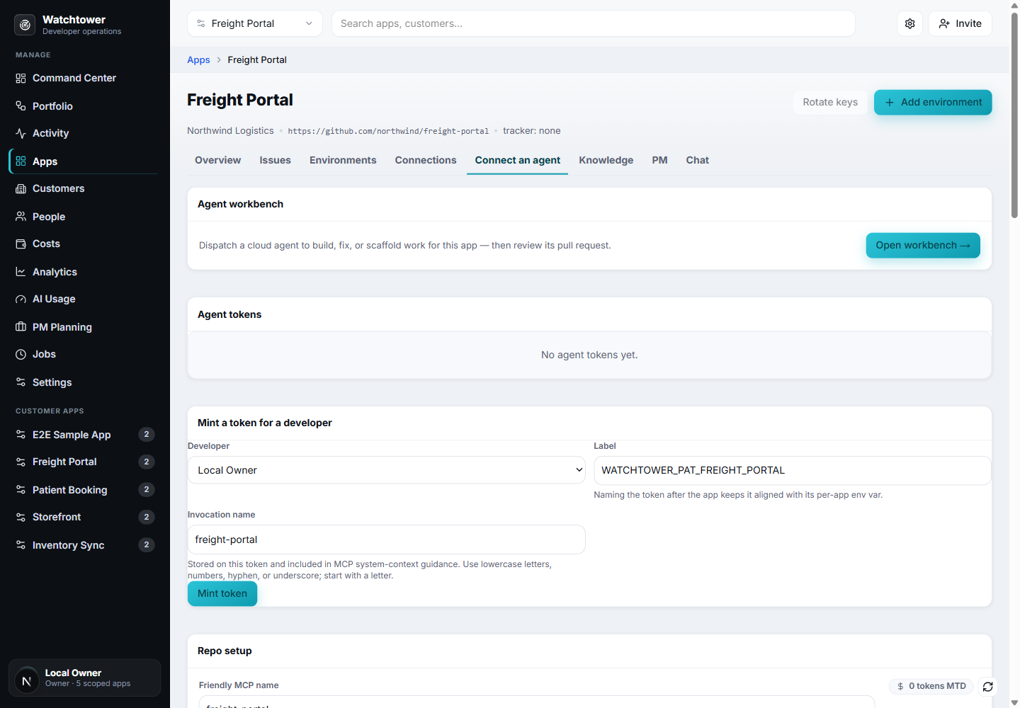 Connect an agent tab for minting scoped MCP tokens and opening the agent workbench